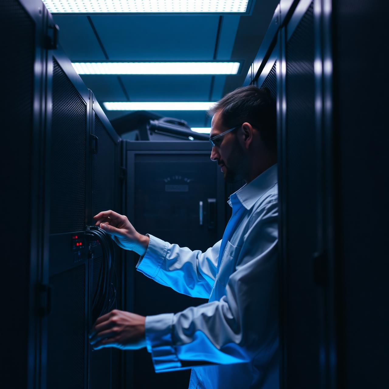 Ingeniero configurando servidores en data center